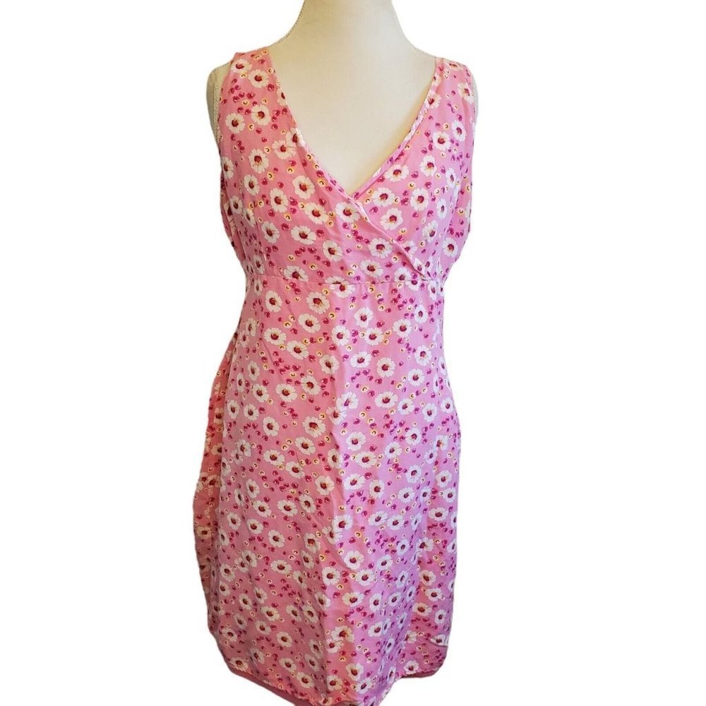 Y2K Womens Pink Floral Sleeveless Dress Knee Length Cotton Bubblegum Surplice LG